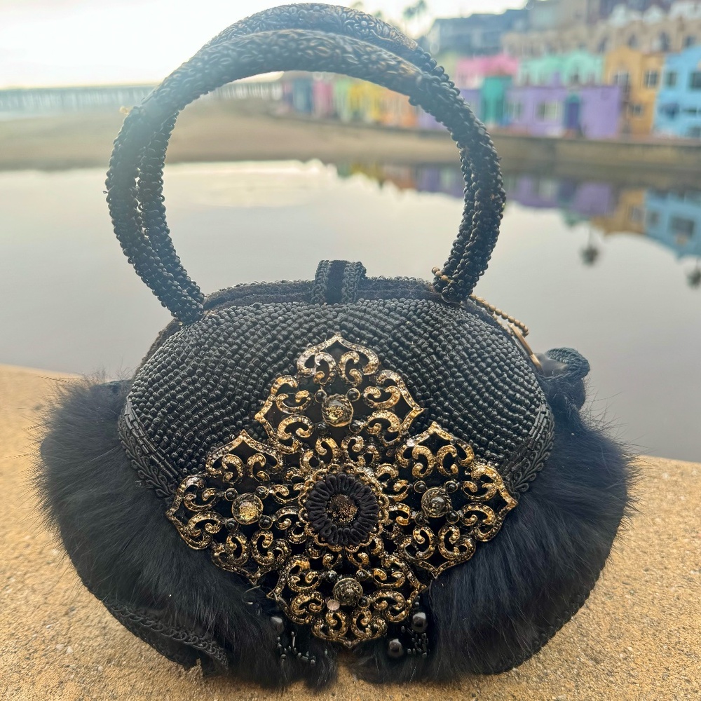 Mary Frances Black Beaded Evening Bag Fur Filigree Rhinestones Rose Handbag
